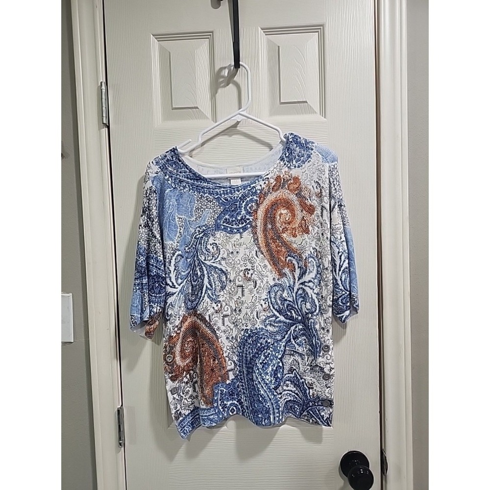 Chico's Women's Sweater  3/4 Sleeves Blue Multi-color Paisley Buttons Size 0 (S)